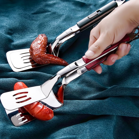 Opvise Stainless Steel Grill Clamp Heat-Resistant Easy to Clean Multifunctional Spatula Tongs Grilling Cooking Food Tongs Steak Fish Bread Hamburger Pancake Pie Frying Tongs Grey