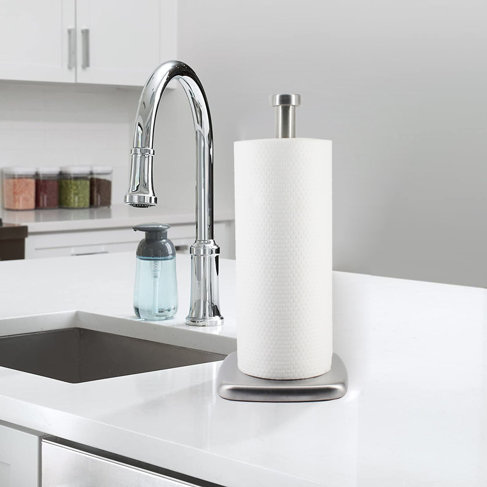 Opvise Stainless Steel Paper Towel Holder with Thick Pole Design, One-Handed Tear, Universal Roll Compatibility, Non-Slip Weighted Base, Durable & Modern Kitchen/Bathroom Organizer
