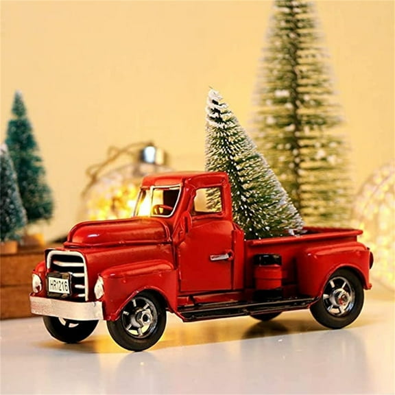 Opvise Truck Miniature Vintage Chic Metal Eye-catching Christmas Red Truck Decor for Home Red