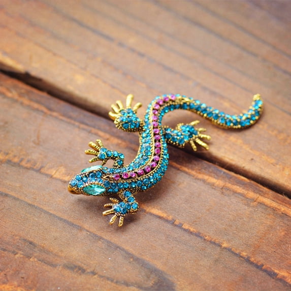 Opvise Unisex Brooch Pin Lizard Colorful Rhinestones Jewelry Vintage Long Lasting Blazer Brooch Clothes Decor