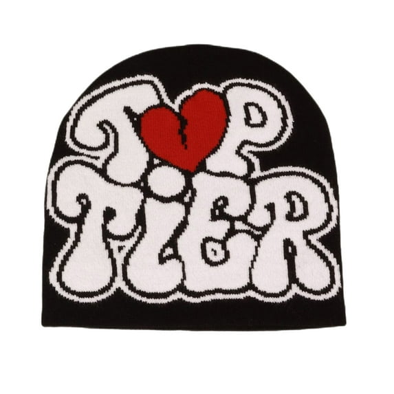 Opvise Unisex Fashion Autumn Winter Knitting Hat Heart Letter Jacquard Print Women Men Hip Hop Style Beanie Hat Outdoor Riding Windproof Warm Hat Black & Red