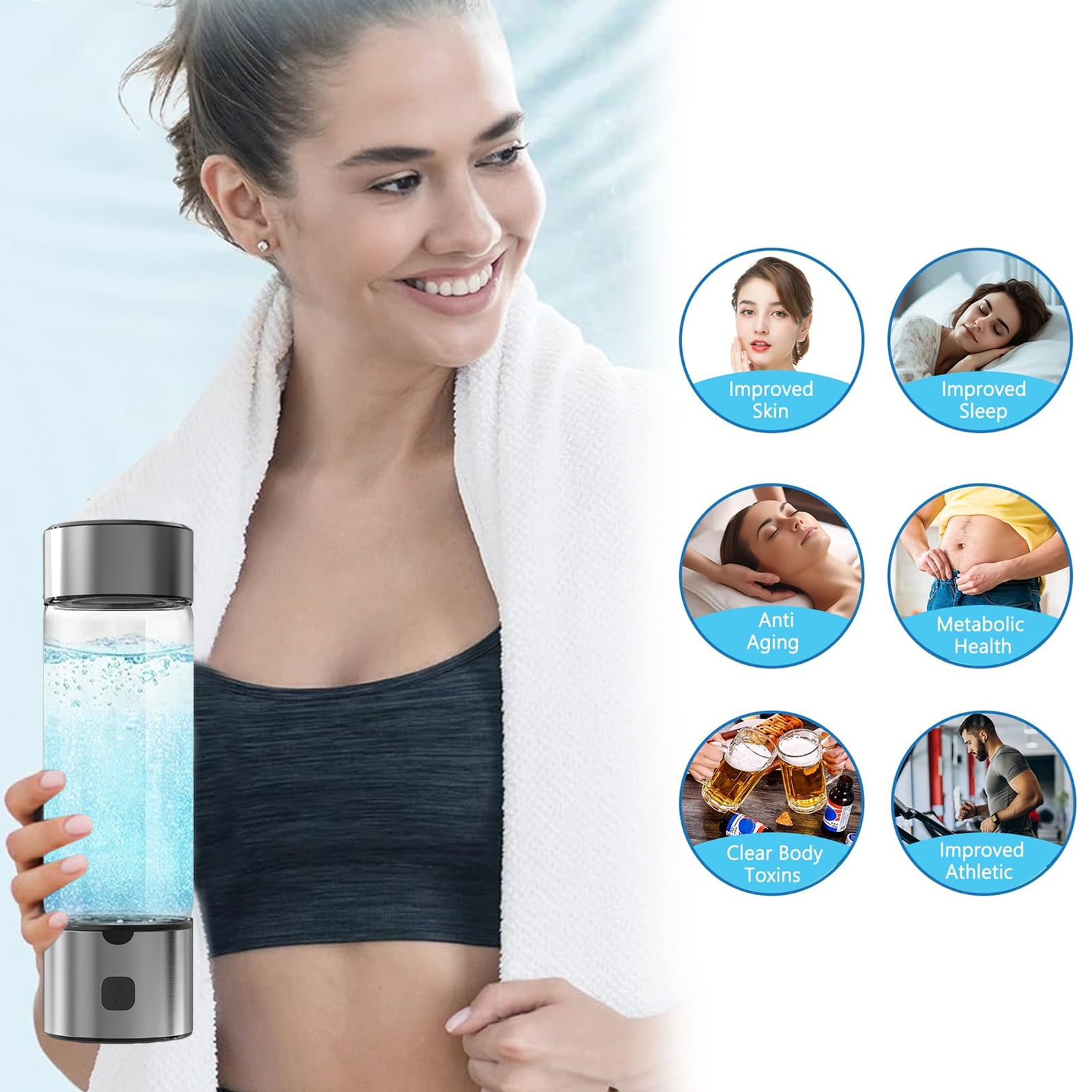 Opvise Upgraded SPE/PEM Hydrogen Water Bottle | NSF-42 Certified 1400PPB Generator with 9.13in Borosilicate Glass & Smart Health Tracking | USB-C Fast Charge