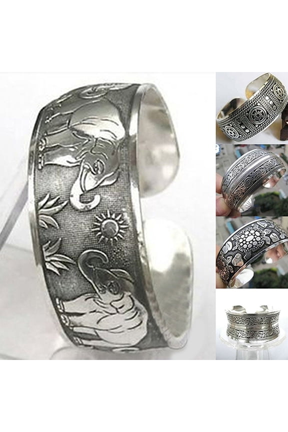 Vintage Tibetan Silver Elephant Carved Open Bangle Cuff Wide Bracelet Jewelry