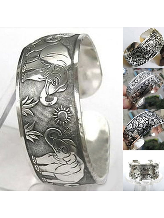 Vintage Tibetan Silver Elephant Carved Open Bangle Cuff Wide Bracelet Jewelry
