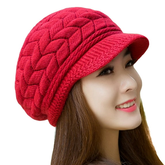 Opvise Visor Beret Cap Peaked Slouchy Plush Lining Stretchy Plain Ears Autumn Winter Women Knitted Hat for Winter Beige
