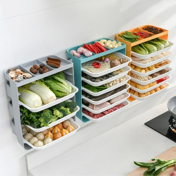 Opvise Wall Mount Food Preparation Shelf with 6 Serving Trays Multi-layer Kitchen Restaurant Hot Pot Vegetable Meat Fruit Prep Holder Organizer Rack Grey