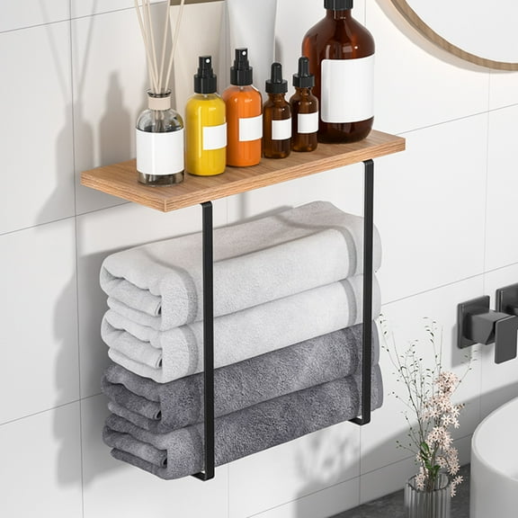 Opvise Wall-Mounted Towel Rack with Floating Shelf - Rustic Modern Bathroom Storage Organizer, Wood & Iron Multi-Functional Towel Holder for Small Spaces, Apartment, Powder Room