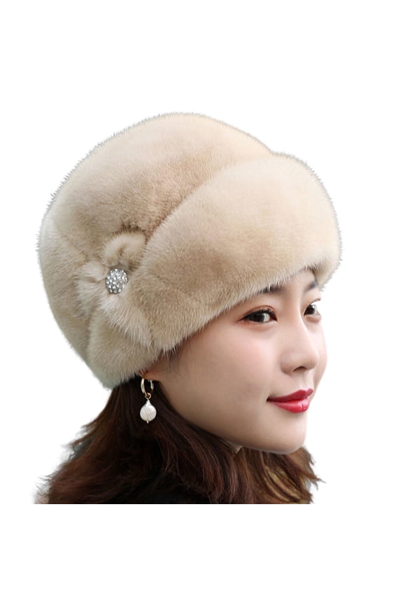 Winter Hat Russian Faux Rabbit Fur Flower Decor Thickened Luxury Keep Warm Autumn Winter Thermal Middle-aged Women Fashion Cap for Outdoor Khaki