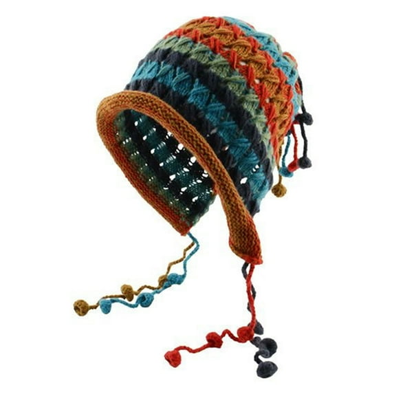 Opvise Winter Knitted Cap Plush Ball Decor Colorful Elastic Thick Hollow Out Soft Warm Anti slip Regular Fit Ear Winter Hat Yellow