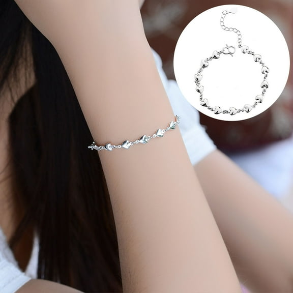 Opvise Women Alloy Bracelet Heart Shape Chain Bracelet Adjustable Length Charm Link Bracelet Valentine Day Birthday Jewelry Gift