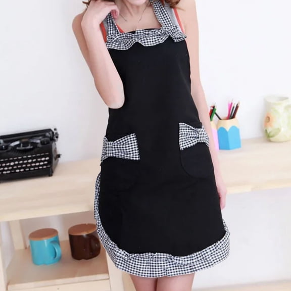 Opvise Women Cute Bowknot Decor Pocket Apron Plaid Print Splicing Adjustable Lace-up Kitchen Flirty Apron Mother Day Gift Black