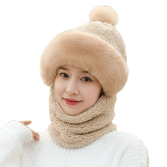 Opvise Women Fashion Winter Beanie Hat with Scarf Warm Knitted Windproof Padded Thickened Cycling Integrated Hat Scarf Coffee