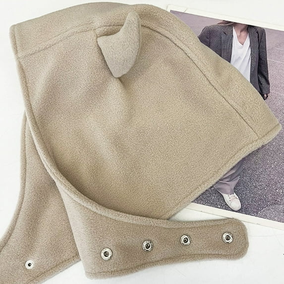 Opvise Women Fashion Winter Hat Devil Ear Decor Adjustable Solid Color Plush Soft Keep Warm Casual Button Women Beanie Hat Female Headdress Khaki
