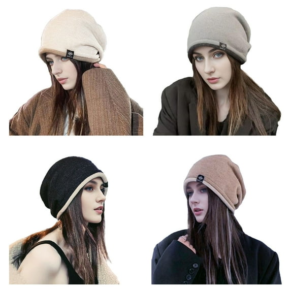 Opvise Women Fashion Winter Hat Knitted Elastic Thick Warm Soft Cold Resistant No Brim Beanie Baggy Solid Color Lady Cap Beige