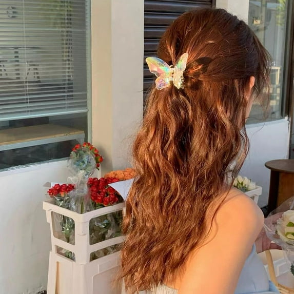 Opvise Women Hair Clip Butterflies Transparent Strong Claw Faux Crystal Headdress Women Hair Catch Clamp Hair Accessories Blue