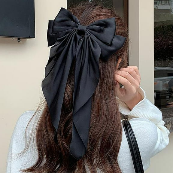 Opvise Women Hairpin Big Bow-knot Solid Color Elegant Double Layers Long Hair Decoration Ponytail Clip Satin Vintage Hair Clip Hair Accessories Beige