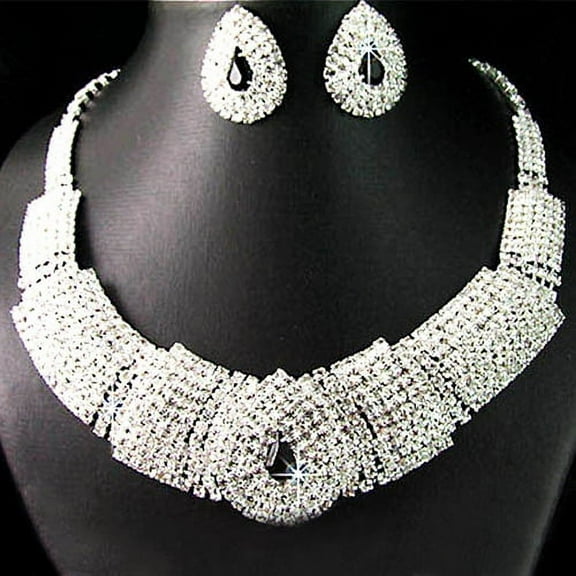 Opvise Women Lady Rhinestone Collar Rhinestone Statement Bib Necklace Earrings Set