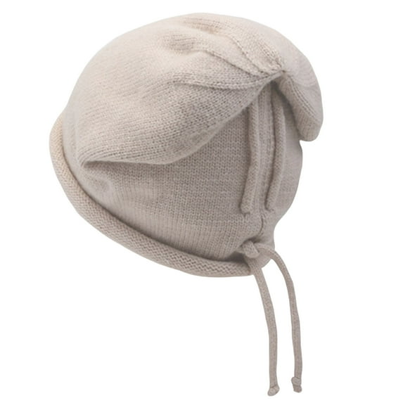 Opvise Women Men Fashion Hat Knitting Drawstring Solid Color Soft Piled Decorative Head Protection Elastic Unisex Skull Beanies for Winter Grey