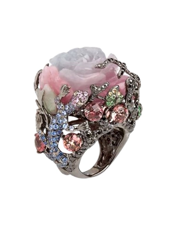 Women Party Jewelry Peony Flower Lizard Pattern Rhinestone Inlaid Ring Band