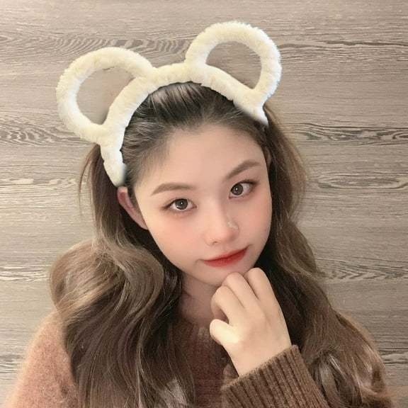 Opvise Women Winter Thick Plush Headband Round Bear Ears Makeup Hair Hoop Elastic Candy Color Headgear Hair Accessories Yellow