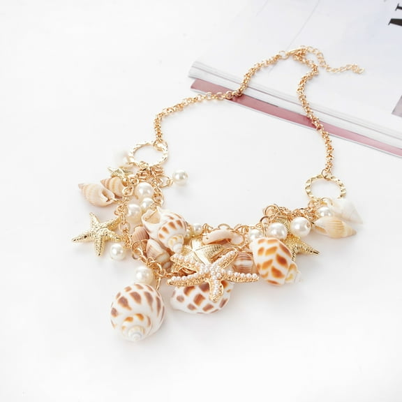 Opvise Women's Ocean Sea Shell Faux Pearl Starfish Layered Statement Necklace Jewelry