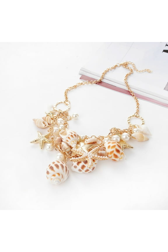 Women's Ocean Sea Shell Faux Pearl Starfish Layered Statement Necklace Jewelry