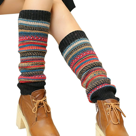 Opvise Womens Socks 1 Pair Ethnic Style Striped Print Ribbed Cuffs Knee High Knitted Leg Warmers Autumn Winter Women Warm Boot Stockings Beige