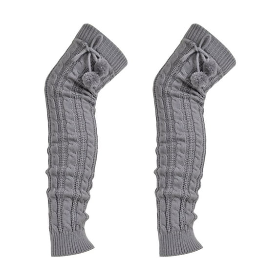 Opvise Womens Socks 1 Pair Leg Warmers Knitted Lace-up Pompoms Over Knee Stretchy Soft Keep Warm Solid Color Autumn Winter Women Boot Stockings for Daily Life Dark Gray