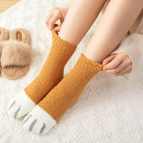 Opvise Womens Socks Cartoon Women Autumn Winter Cats Paws Coral Fleece Homewear Warm Floor Socks Black Gray