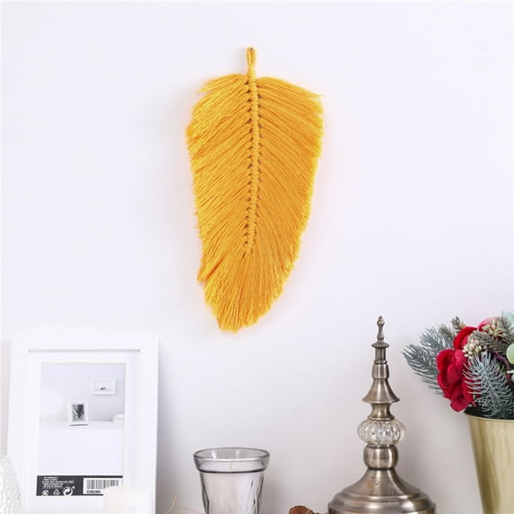 Opvise Woven Feather Tapestry Soft Fine Workmanship Cotton Macrame Wall Hanging Feather Boho Chic Woven Leaf for Wall Caramel