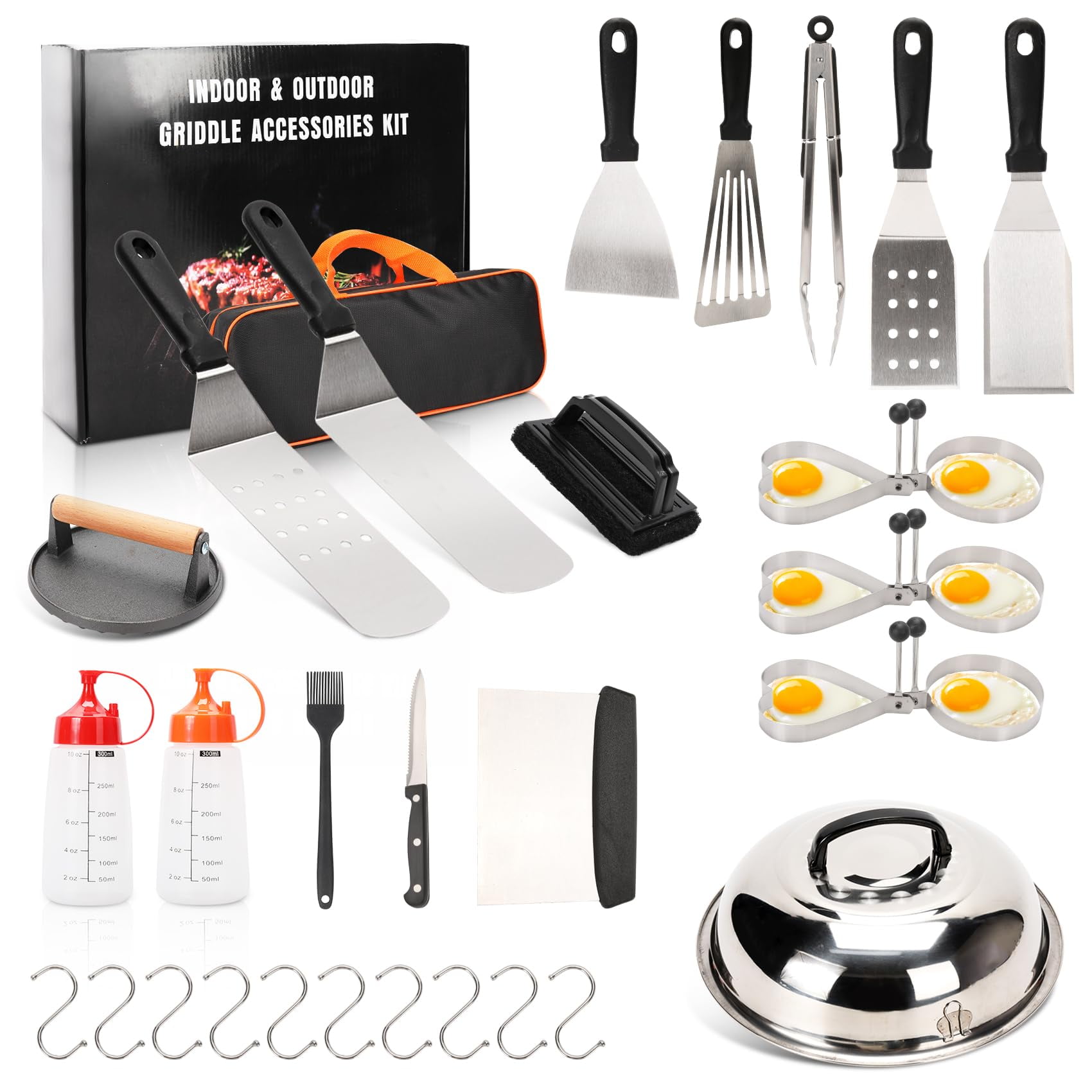 Compact Stainless Steel BBQ Griddle Tool Kit with Metal Handles - Set of 30