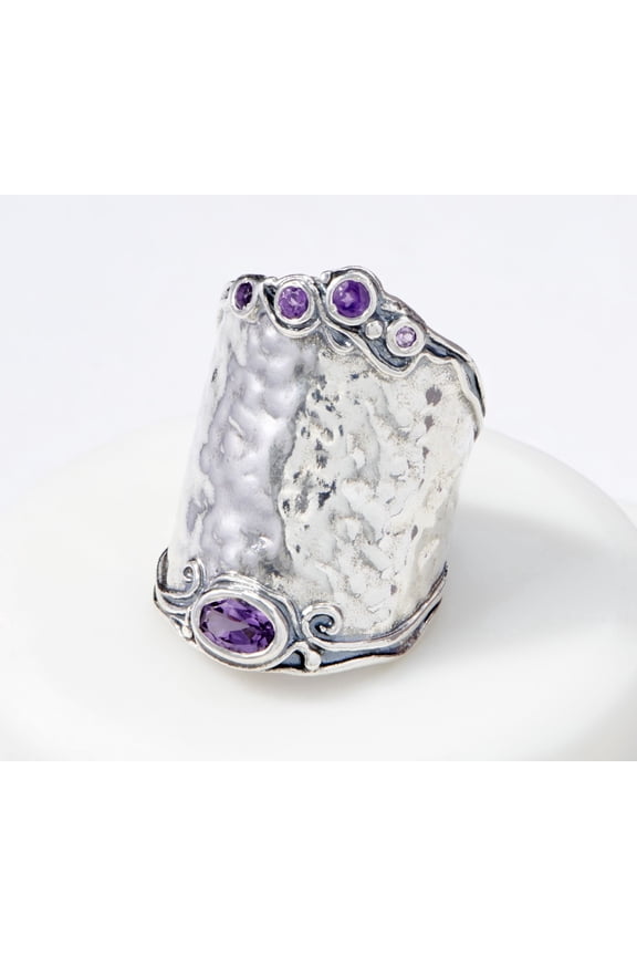 Sterling Silver Bold Graduated Hammered Amethyst Ring, Size 7