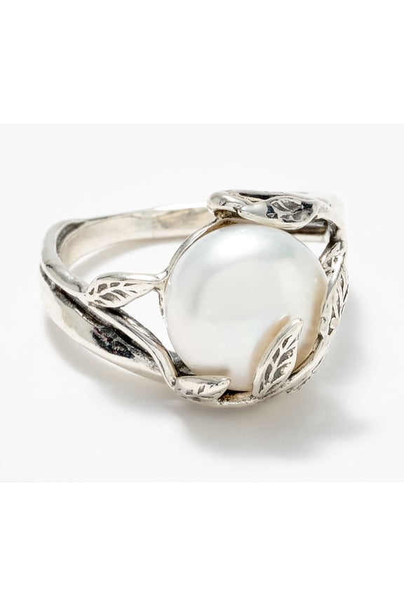 Sterling Silver Cultured Pearl Leaf Cocktail Ring Size 10