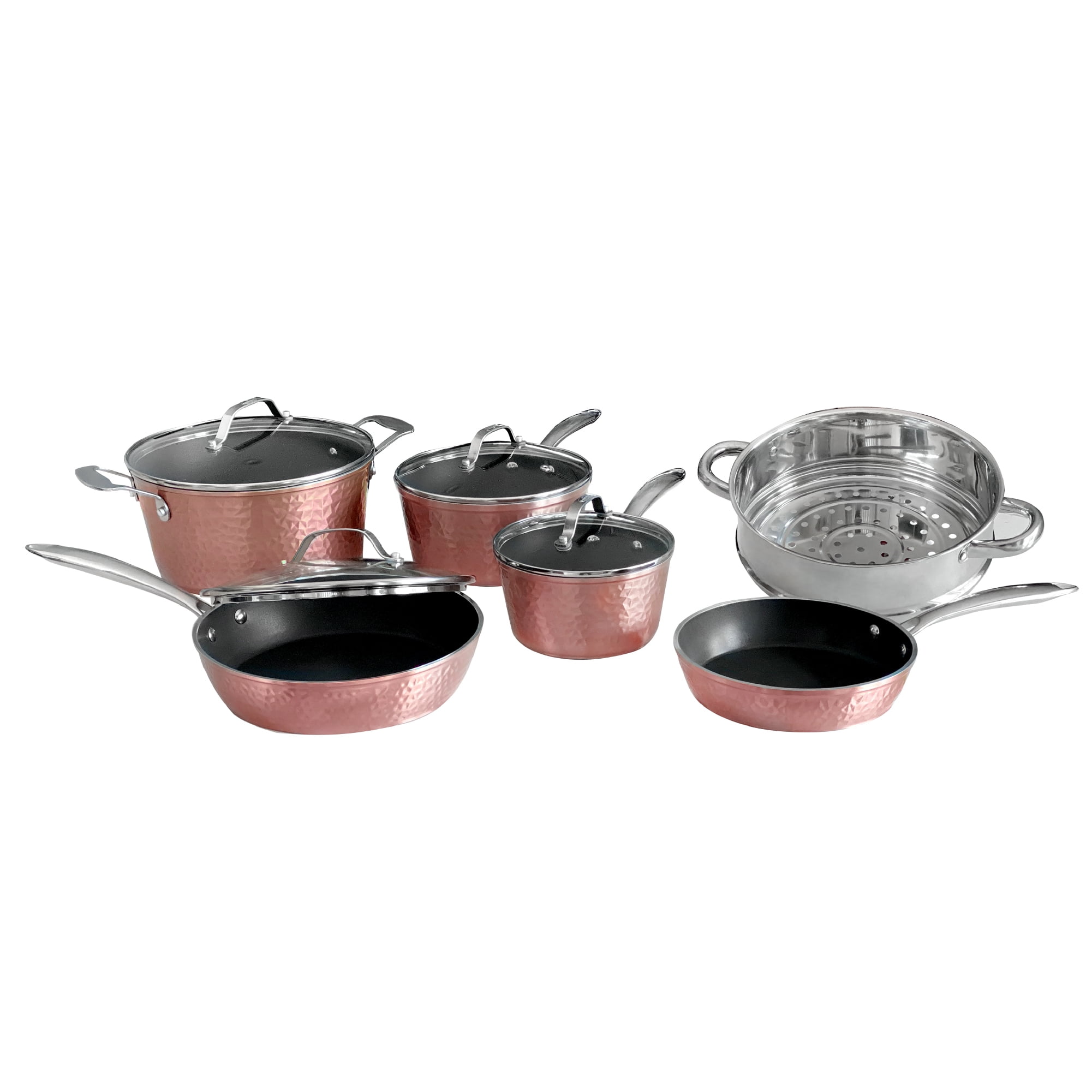 Hammered Rose Gold 5 Piece Set with Glass Lids – OrGreenic Cookware