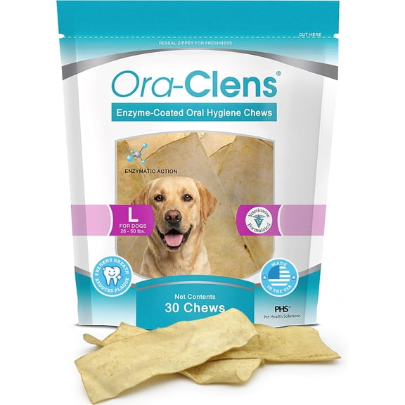 Ora-Clens Oral Hygiene Chews for Large Dogs-Enzymatic Dental Treats for Daily Oral Care, Cleans Teeth and Freshens Breath, Reduces Plaque, Bacteria and Tartar Build Up Without Brushing-30 Chews