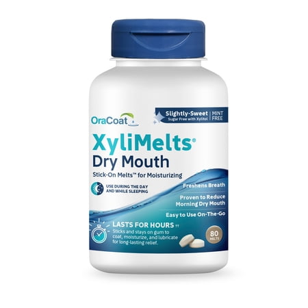 OraCoat XyliMelts Dry Mouth Relief Moisturizing Oral Adhering Discs 80 Count Bottle, Slightly Sweet with Xylitol, for Dry Mouth, Stimulates Saliva, Non-Acidic