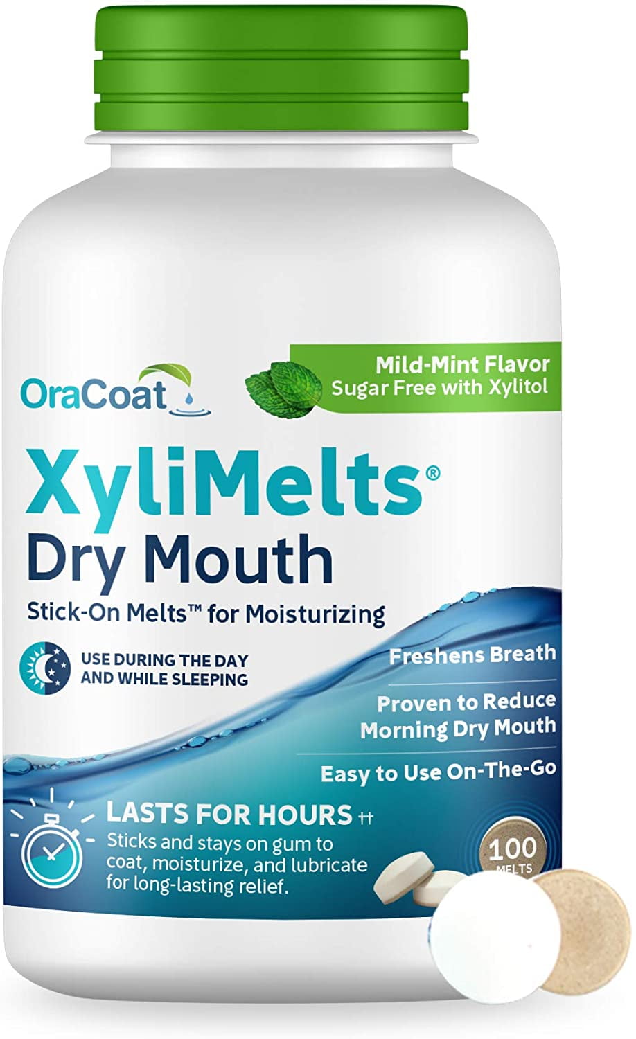 OraCoat XyliMelts Dry Mouth Relief Moisturizing Oral Adhering Discs Mild  Mint with Xylitol, for Dry Mouth, Stimulates Saliva, Non-Acidic, Day and