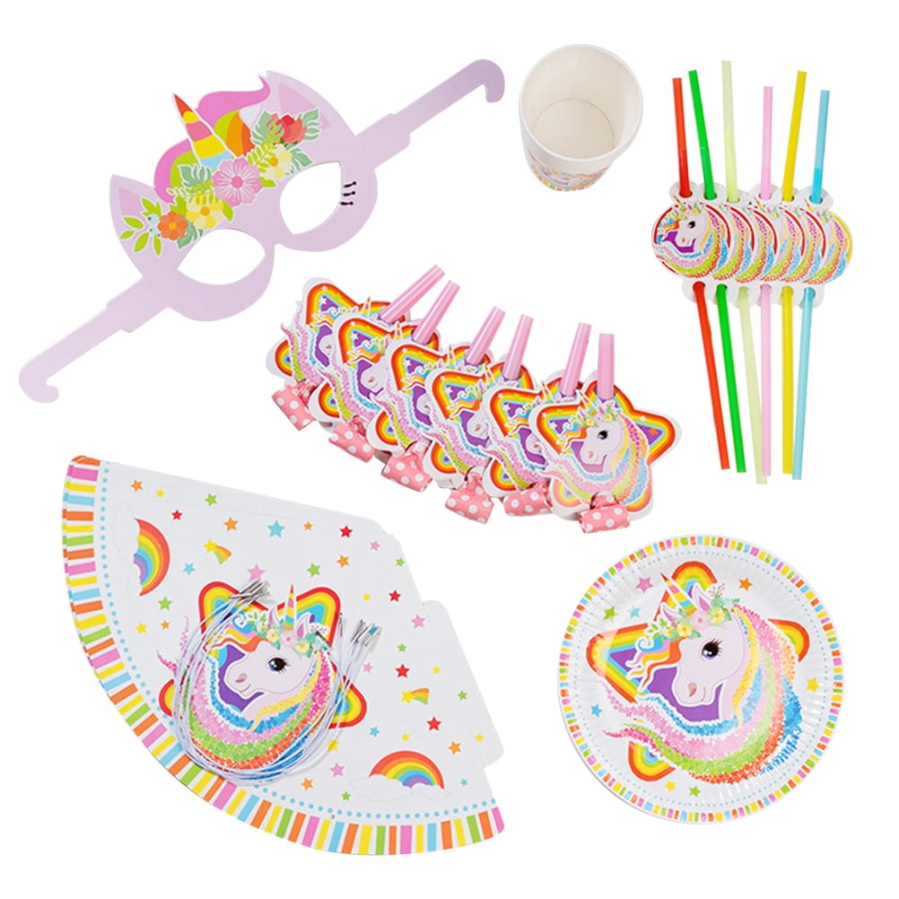 Oraceous 1 Set 6 People Party Favors Set Disposable Tableware Paper Glasses Dinnerware Party Supplies Cup Plates Straws For Birthday