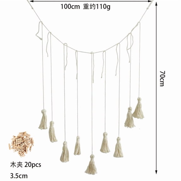 Masteelf Wooden Photo Display with Rope and Clips for Wall Decor Beige Macrame Tassel Hanging Home Artwork 1 Set