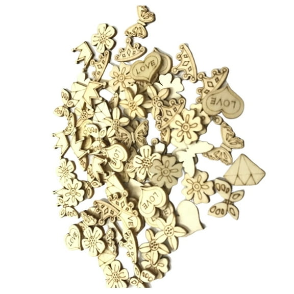 Oraceous 200pcs Crown Flower Shape Wooden Slices Heart Wooden Pieces Ornament Wood Cutouts Decoration DIY Material Wooden Chip(Assorted)
