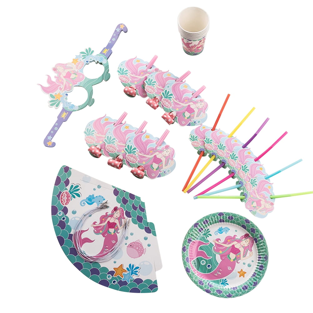 Oraceous 36 Pcs Mermaid Themed Party Supplies Paper Straw Cup and Plate Set Children's Birthday Party Kit