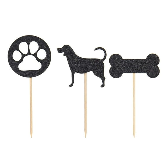Oraceous 48pcs Black Glitter Dog Footprint Design Cake Toppers Puppy Bones Cake Picks Paper Cake Decoration Theme Party Dessert Favor(3 Pattern, 16pcs for Each Pattern)