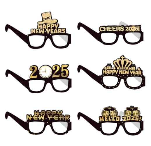 Oraceous 5pcs New Years Eve Glasses Set Happy New Years Party Supplies 2025 New Years Glasses Black Golden Party Eyewear for Photo Booth Props