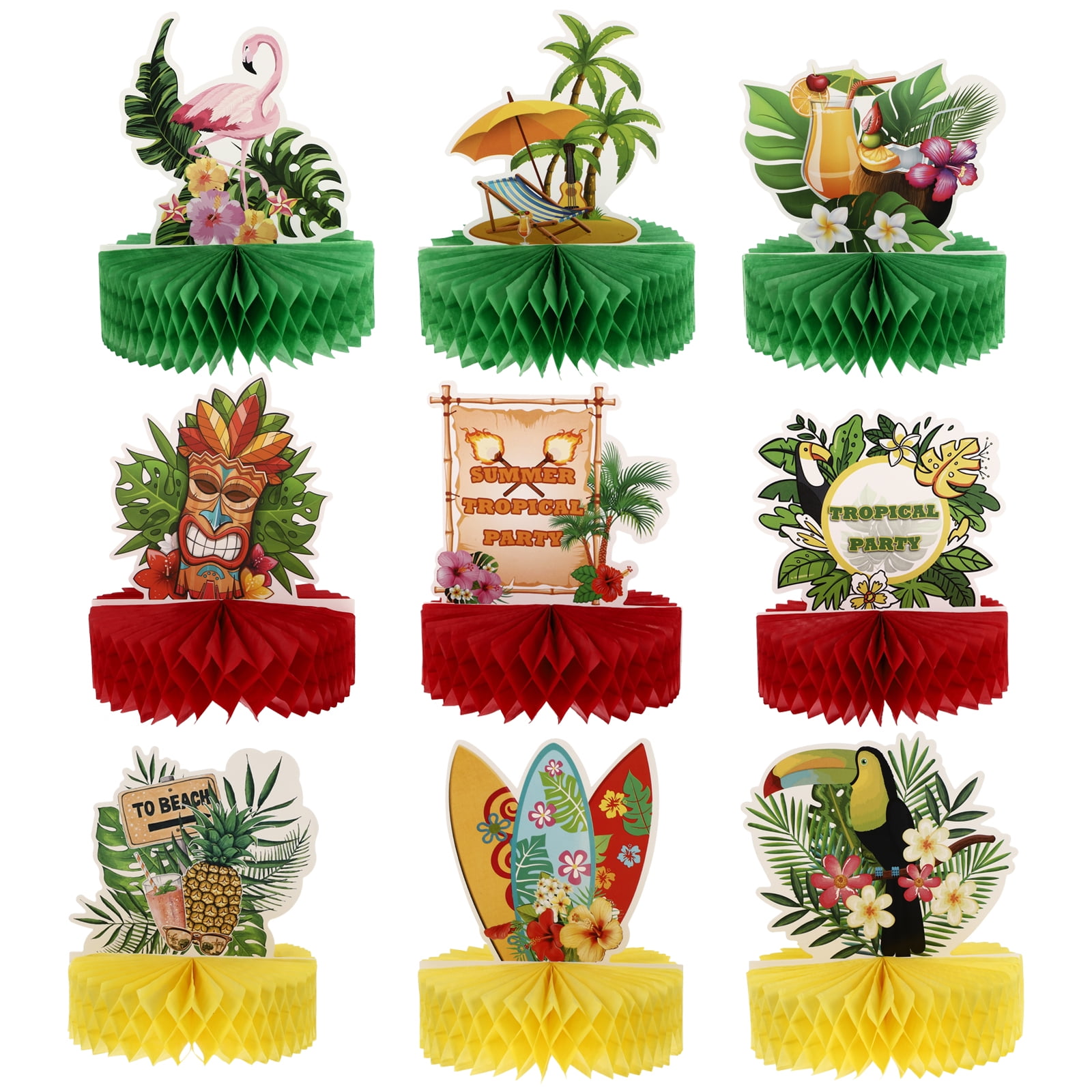 HOWAF 9-Piece Hawaiian Luau Honeycomb Centerpieces - Tropical Flamingo, Palm Tree Table Toppers For Summer Party