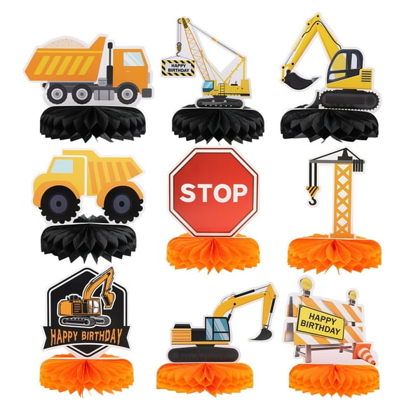 KALLORY Construction Truck Birthday Decorations Yellow Paper 9Pcs 7.39X5.89X5.89in