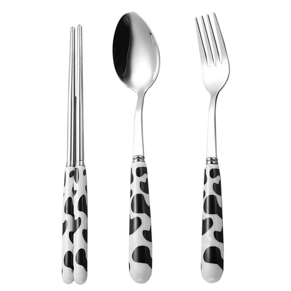 Oraceous Flatware Set Creative Cow Pattern Design Flatware Set Ceramics Handle Stainless Steel Spoon Fork Chopsticks Cutlery for Home Dining Wedding Restaurant