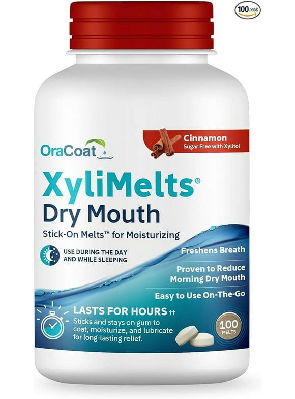 Oracoat XyliMelts Dry Mouth Relief Moisturizing Oral Adhering Discs with Xylitol, Cinnamon, for Dry Mouth, Stimulates Saliva, Non-Acidic, Day and Night Use, Time Release for up to 8 Hours, 100 Count