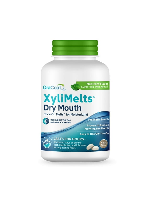 OraCoat XyliMelts Dry Mouth Relief Oral Adhering Discs Mild Mint with Xylitol, for Dry Mouth, Stimulates Saliva, Non-Acidic, Day and Night Use, Time Release for up to 8 Hours, 230 Count
