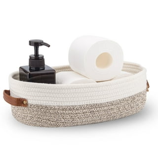 mDesign Rustic Farmhouse Rice Weave Hyacinth Toilet Paper Holder Basket - Small  Storage Organizer Tank Topper for Bathroom Counter or Top of Toilet - Holds  6 Rolls of Toilet Paper - Natural/Tan