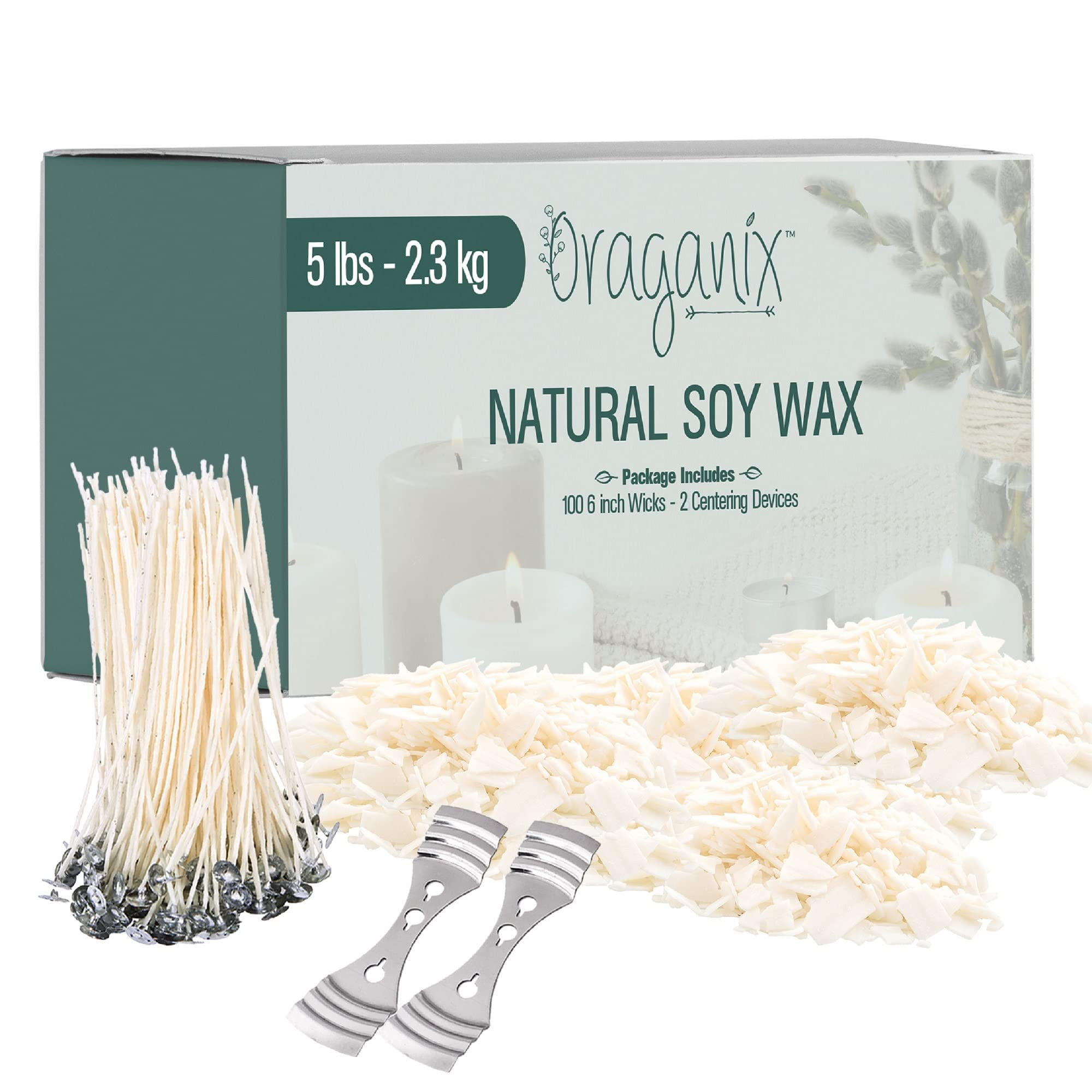 Oraganix 5 lb Candle Wax - Soy Wax for Candle Making with 100 Pre-Waxed 6-Inch Wicks and 2 Metal Centering Devices